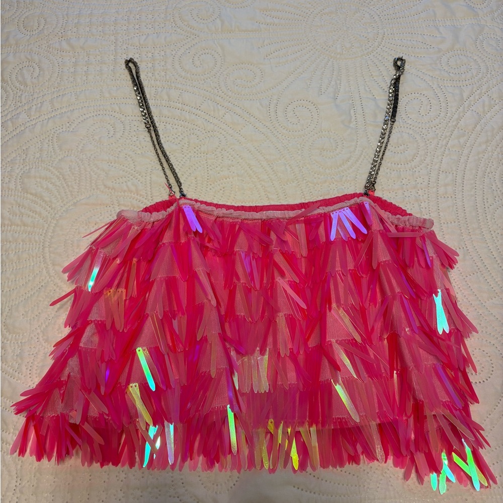 QUEEN OF SPARKLES Vibrant Pink Sequin Fringe Crop Top